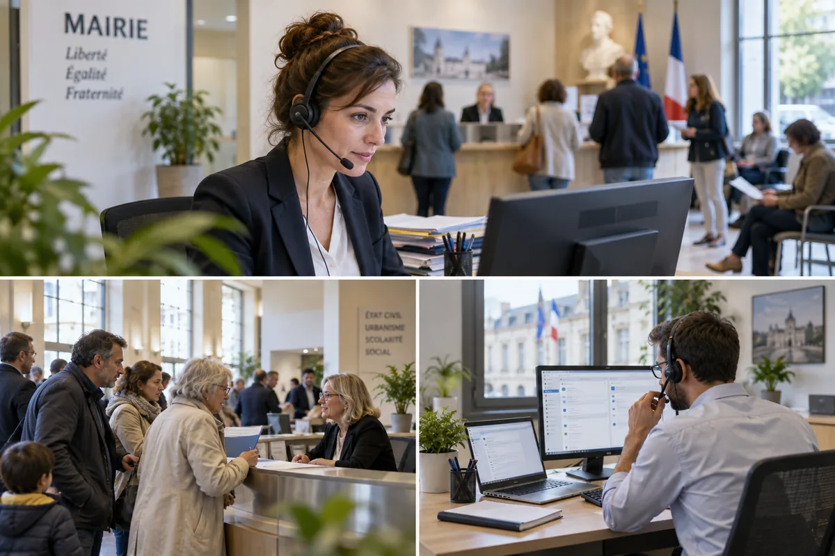 Agente d'accueil d'une mairie au téléphone, avec les services traités par le standard de la collectivité