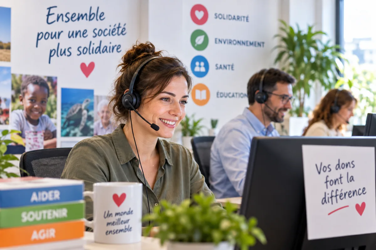 Bénévoles d'une association menant une campagne d'appels sortants pour une collecte de dons