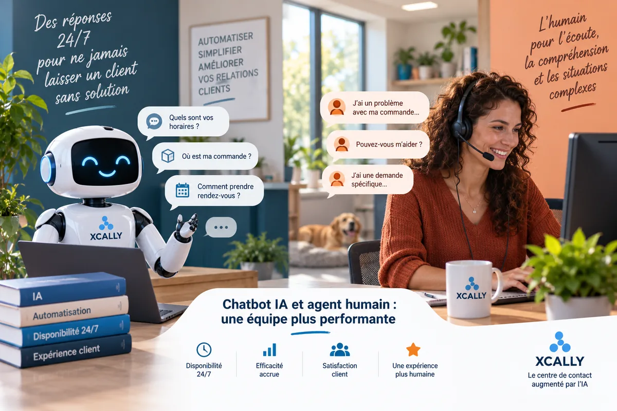 Demande client traitée par un agent conversationnel, puis transmise à un conseiller humain