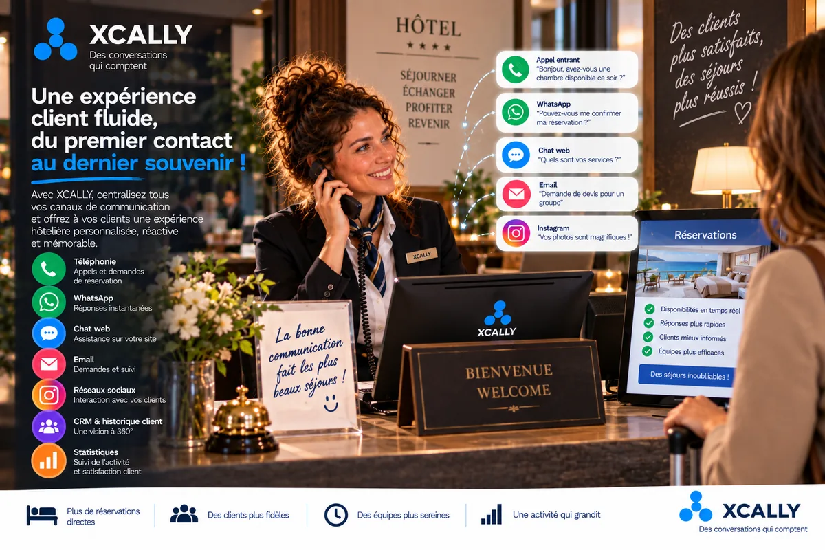 Réceptionniste d'hôtel répondant aux demandes des clients par téléphone, email et messagerie