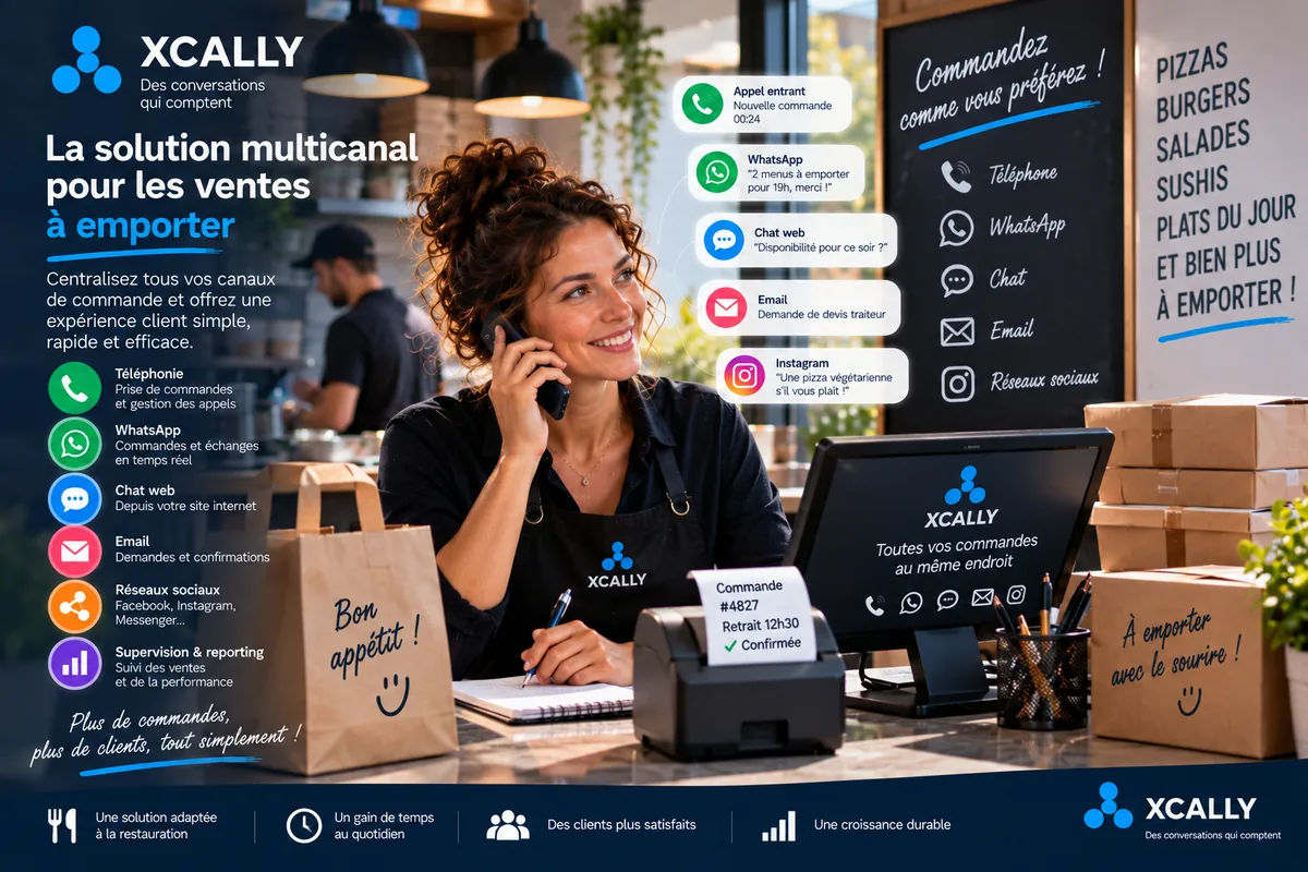 Commerçant traitant les commandes à emporter reçues par téléphone, messagerie et plateformes de livraison