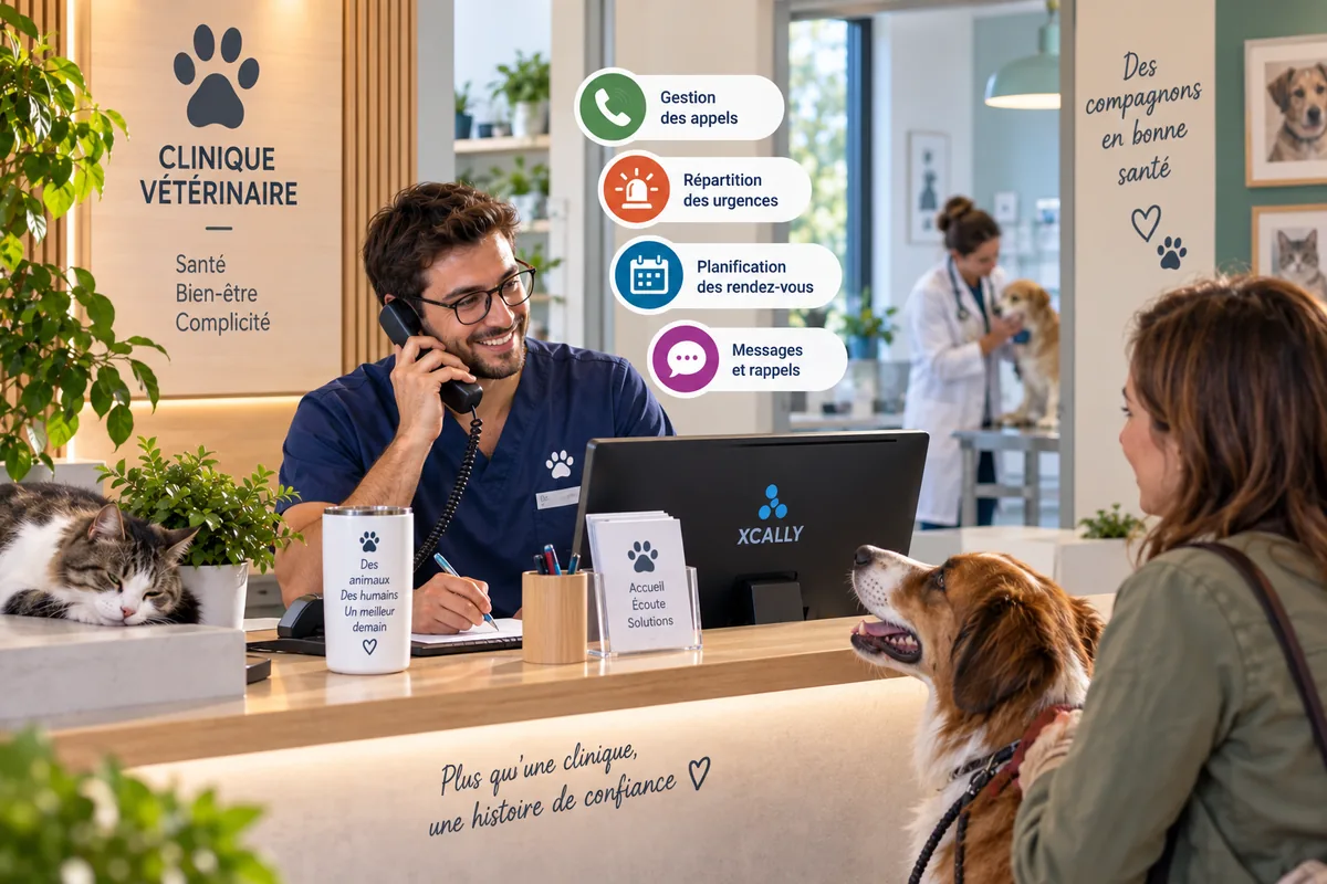 Assistante vétérinaire assurant la permanence téléphonique du cabinet et le tri des urgences