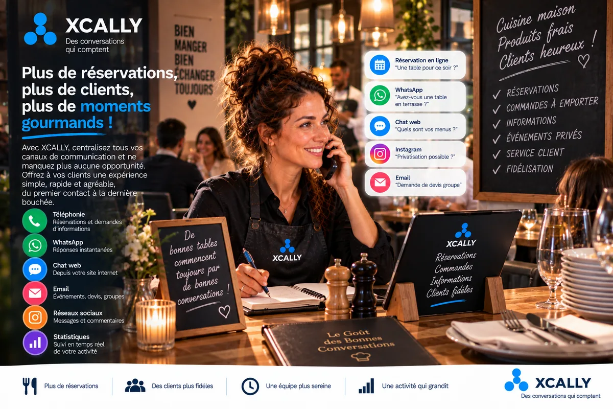 Restauratrice prenant une réservation au téléphone, avec les demandes reçues en parallèle sur WhatsApp, chat web, Instagram et email
