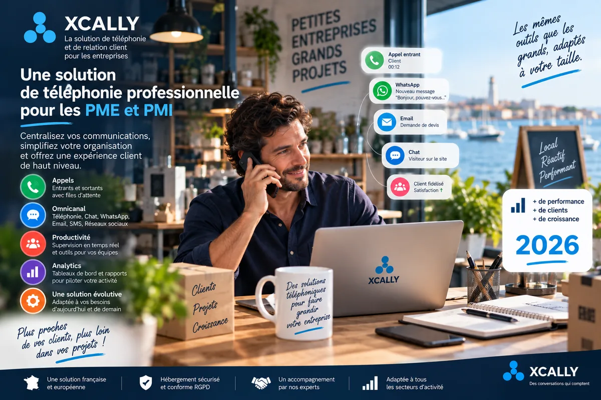 Équipe d'une PME traitant les appels entrants depuis des postes connectés à une file d'attente commune