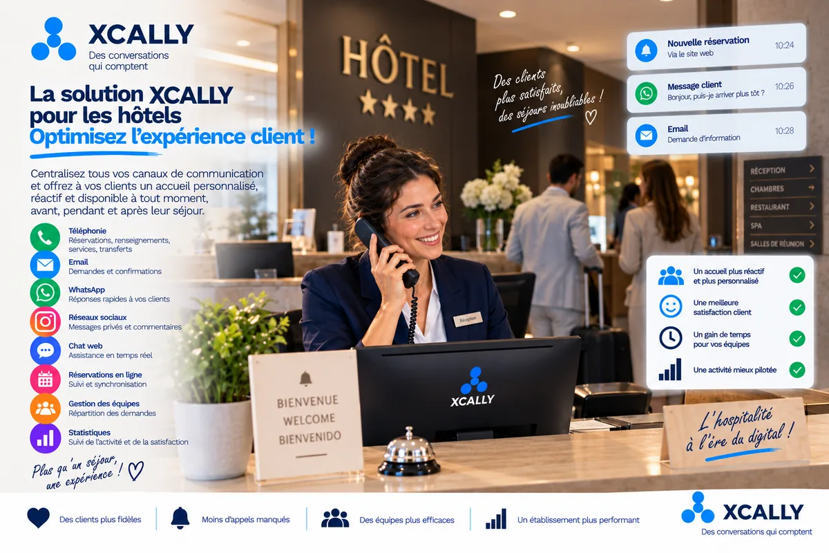 Réception d'hôtel gérant appels et messages des clients depuis une interface unique